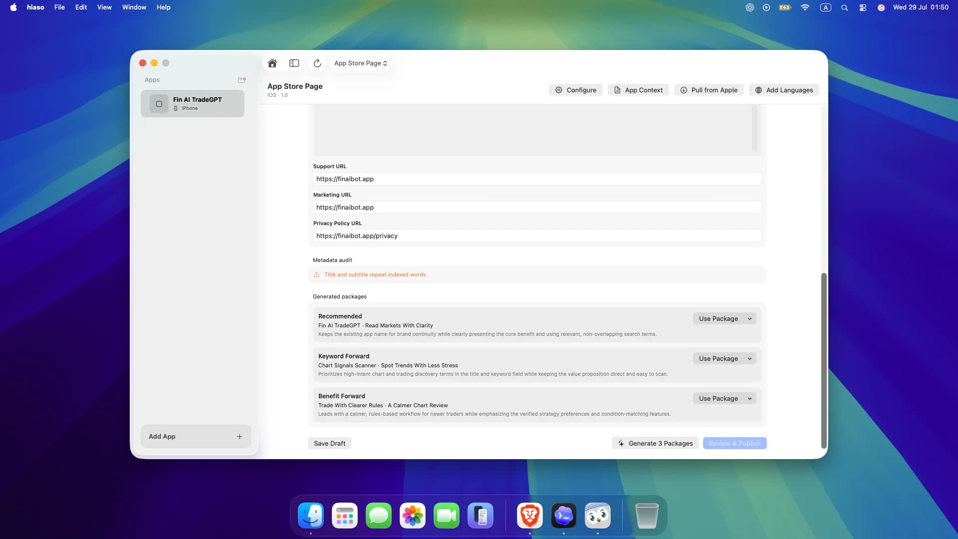 Three generated App Store metadata packages in Hiaso