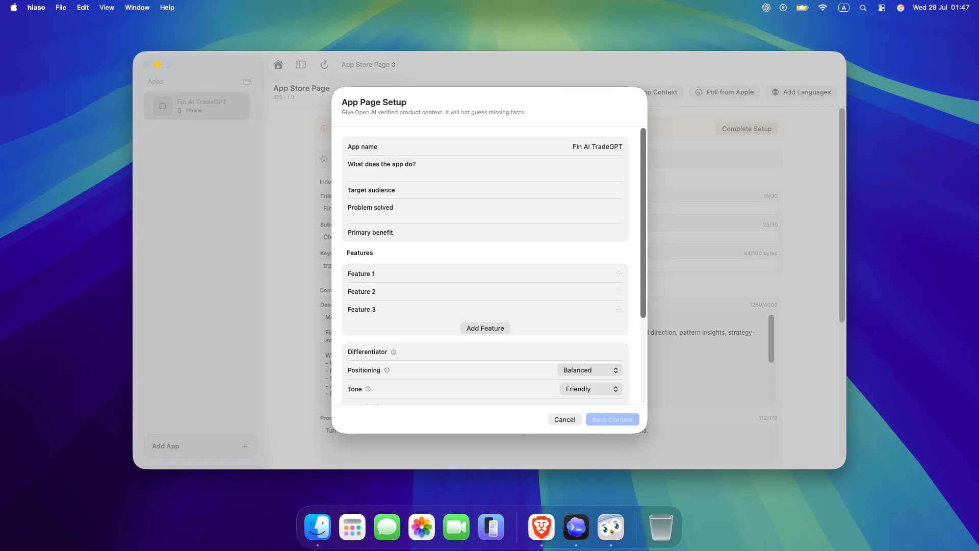 App Context setup form in Hiaso