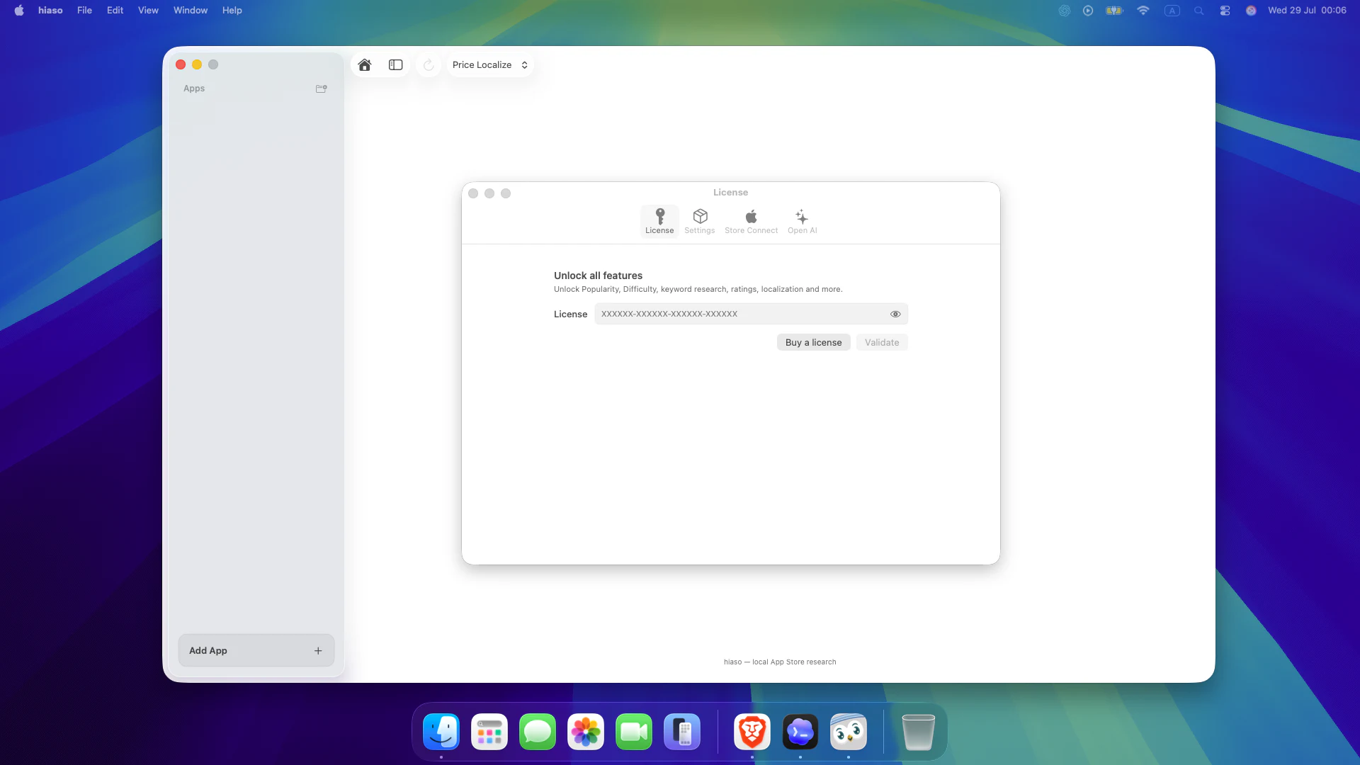 Hiaso license activation screen