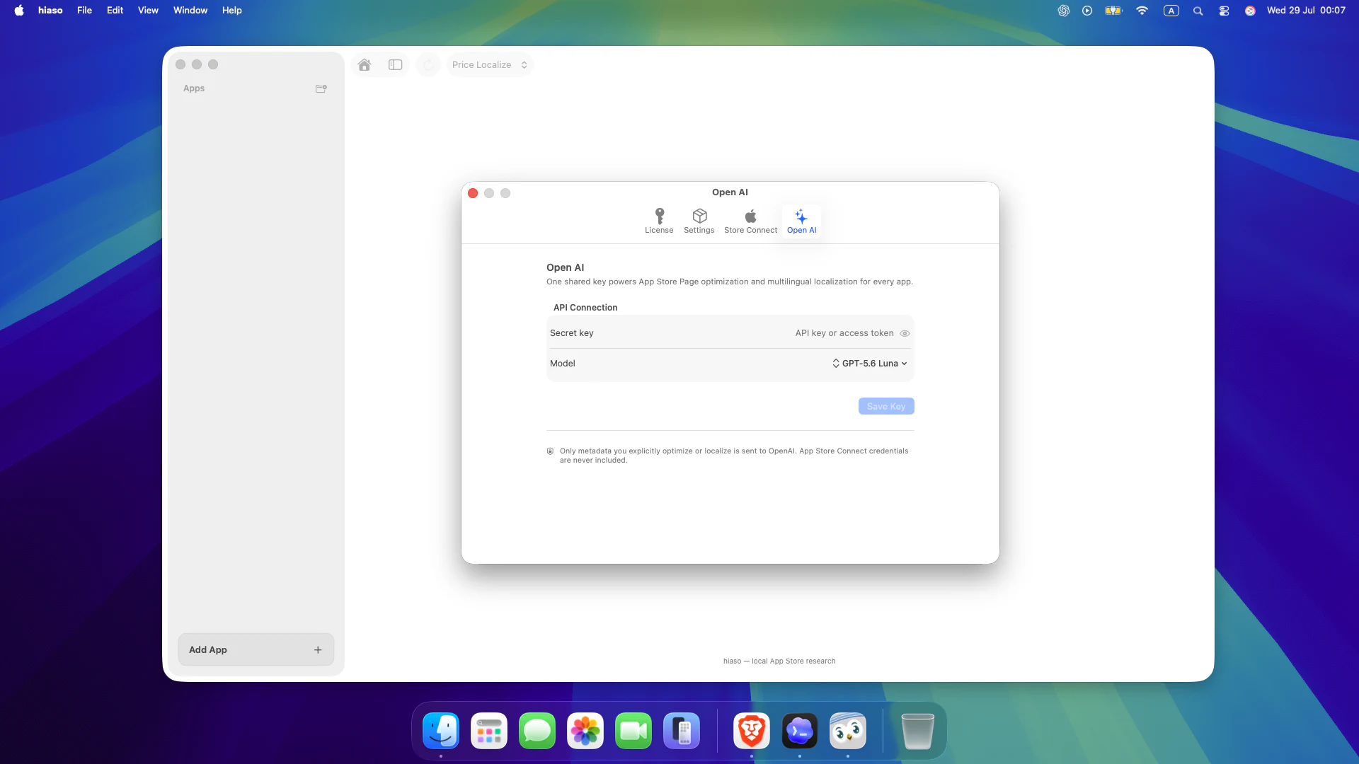 OpenAI API key and model setup in Hiaso