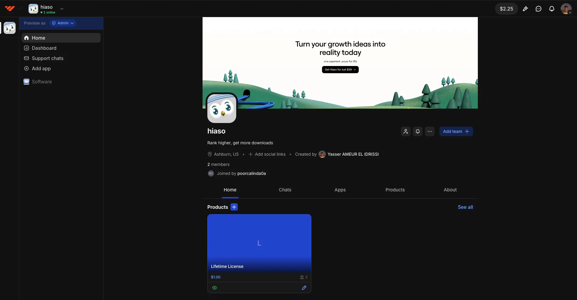 Hiaso customer hub on Whop with the Software icon in the sidebar